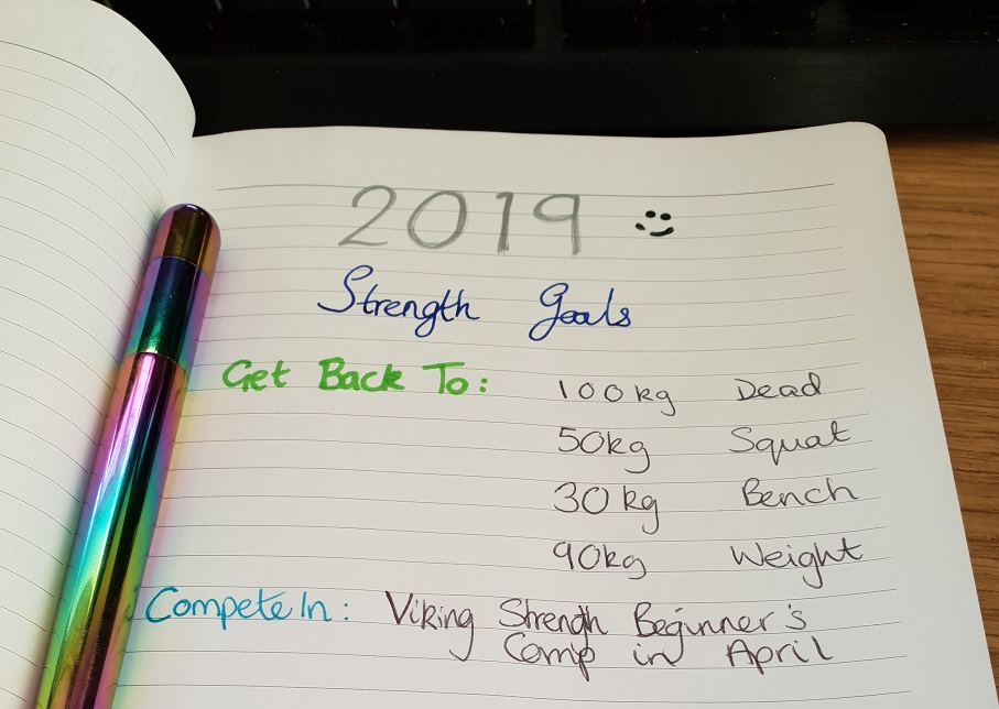 A notepad with a list of strength goals and a multi-coloured pen to the side